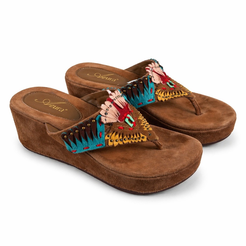 Azura Women Size 38 Brown Suede Colorful Embroidered Boho Wedge Platform Sandals